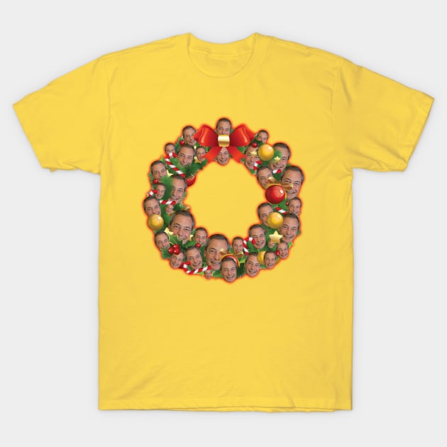 Nigel Farage UKIP Multiface Christmas Wreath T-Shirt by miyucapy